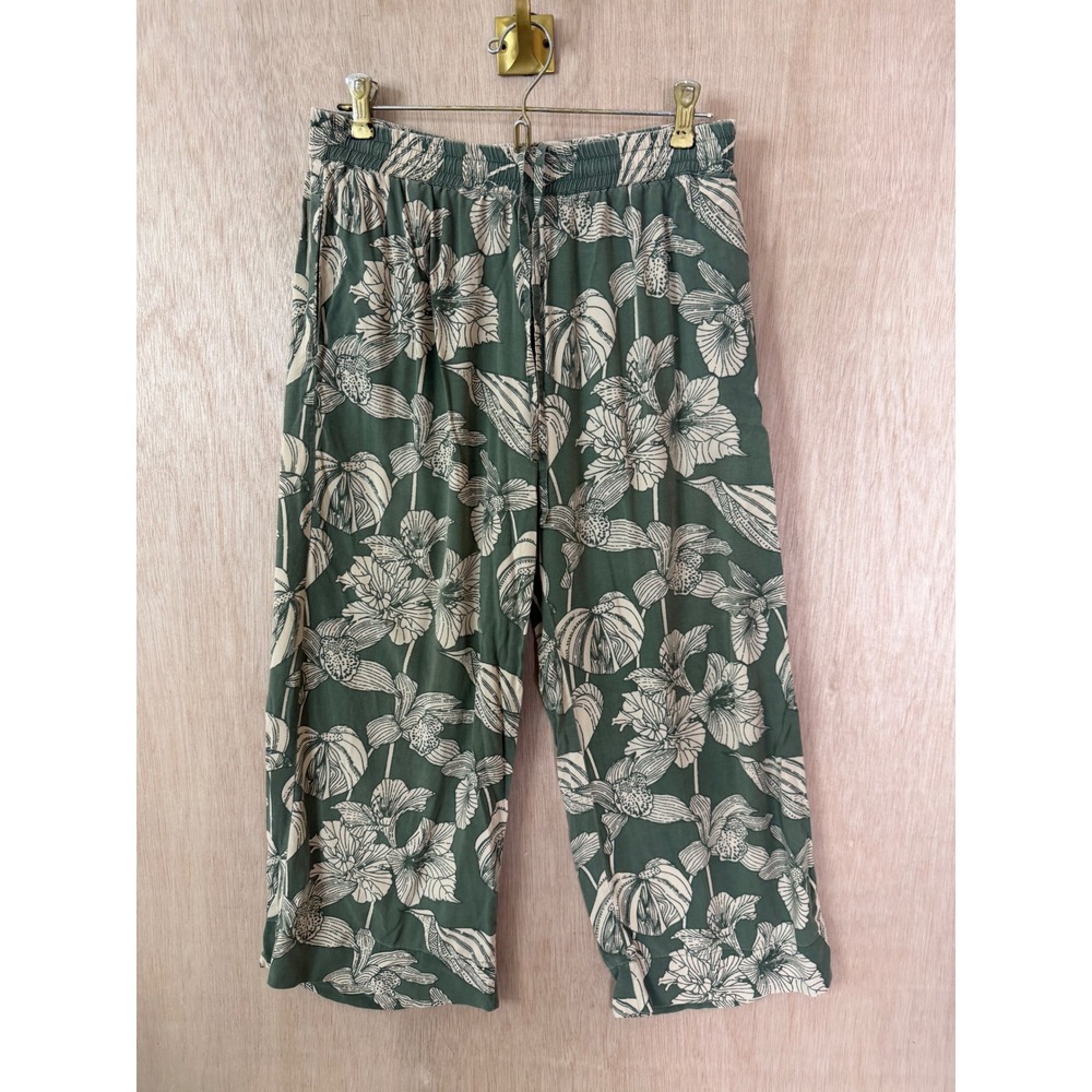 Utsa Green Floral Wide Leg Cropped Pants Elastic Waist Drawstring Large